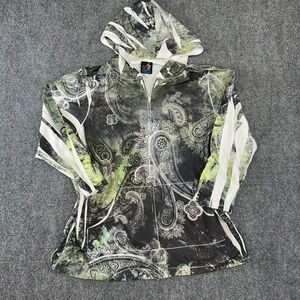 Cut & Paste Womens Green Paisley Rhinestone Shredded Zip Up Hoodie Size OX